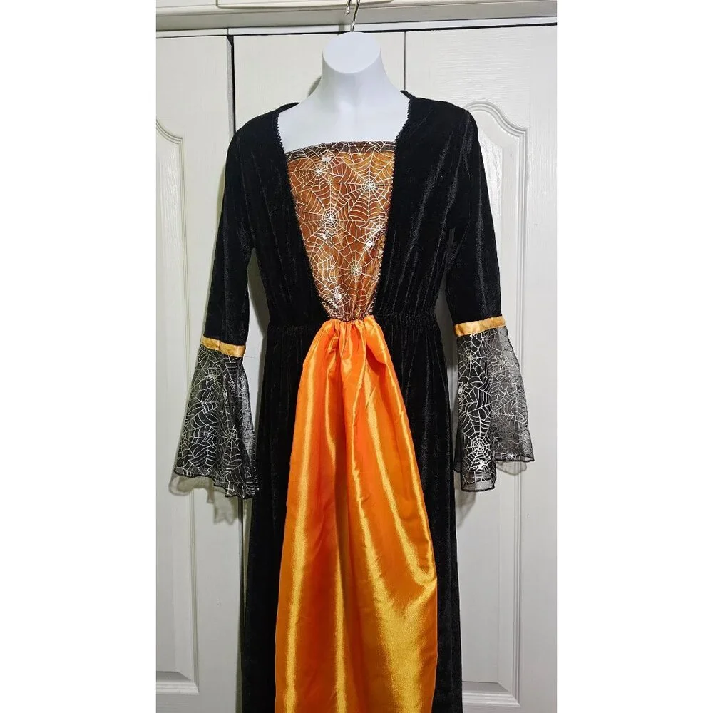 Witch Costume Girls 10-12 Orange Black Satin Velvet Dress Hat Pretty Halloween